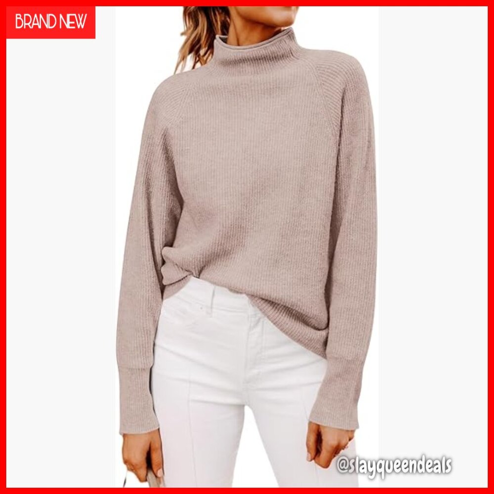 Mock Neck Batwing Sleeve Sweater Loose Knit Pullover Winter Top